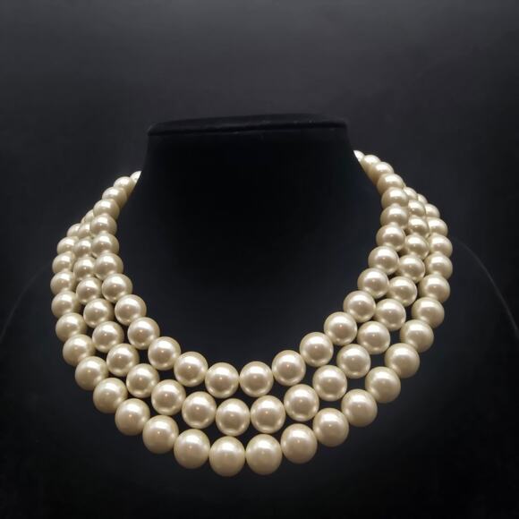Faux Pearl Triple Strand Necklace Statement Three Layer Gold Tone Clasp - Picture 1 of 6